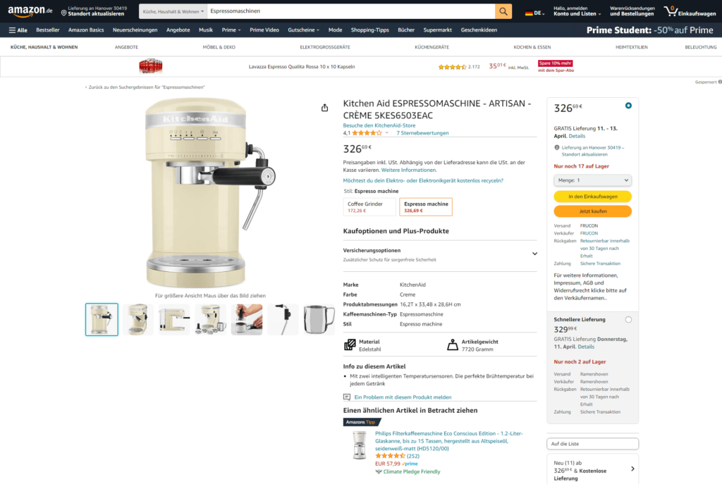 Screenshot einer Amazon Produktbeschreibung, um ein visuelles Beispiel für den Leser bereitzustellen