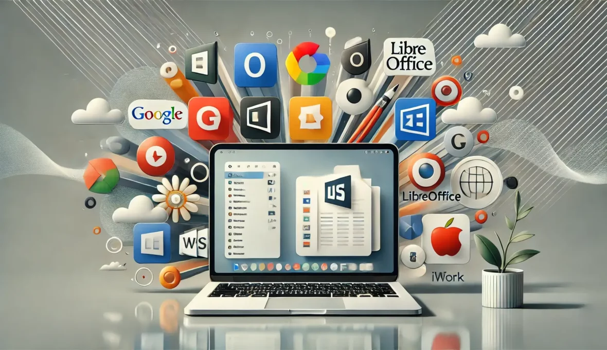 Beitragsbild zum Blogbeitrag über "Microsoft Office Alternativen". Es zeigt verschiedene Programme wie OpenOffice, Google Docs, Libre Office, iWork etc.