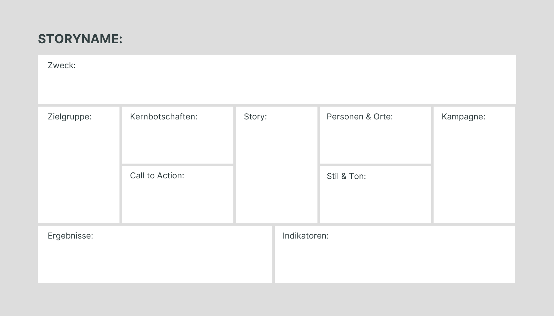 Story-Leinwand mit Feldern für Storyname, Zweck, Zielgruppe, Kernbotschaften, Personen & Orte, Kampagne, Stil & Ton, Call to Action, Ergebnisse und Indikatoren."
