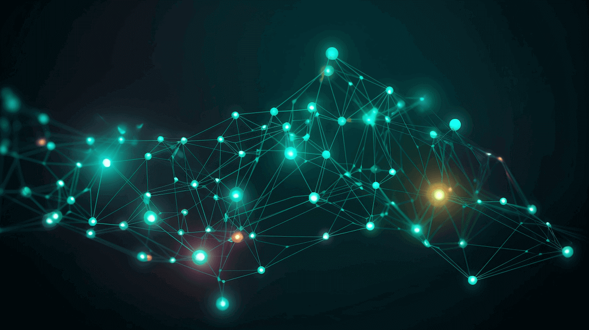 Visualisierung eines Netzwerks mit verbundenen Punkten und leuchtenden Knoten, die unterschiedliche Verbindungen darstellen. Die Grafik symbolisiert den Fluss von Verweisen und Verlinkungen im Kontext von Citation Flow, einem Maßstab von Majestic zur Bewertung der Link-Qualität basierend auf ihrer Anzahl und Bedeutung.