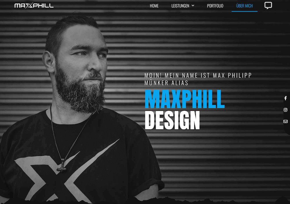 Über-mich-Seite von Maxphill Design mit einem schwarz-weißen Porträtbild, minimalistischen Texten und einer klaren Struktur.