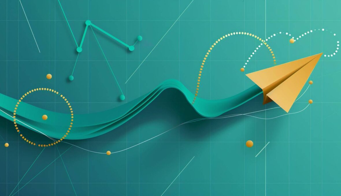 Ein goldenes Papierflugzeug fliegt auf einer dynamischen, türkisfarbenen Wellenlinie über technischem Rasterhintergrund. Goldene, punktierte Kreise und geometrische Formen begleiten die Flugbahn. Symbolisiert das "Zukommen lassen" als aktiven Vorgang des Sendens.