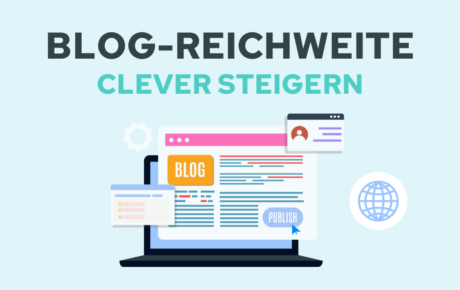 Grafik mit Laptop und Blog-Elementen: Ein Bildschirm zeigt einen Blog-Artikel mit den Schaltflächen "Blog" und "Publish". Darüber schwebende Symbole für Vernetzung und Interaktion. Überschrift: "Blog-Reichweite clever steigern". Thematischer Fokus auf Blog-Marketing und Reichweitensteigerung.