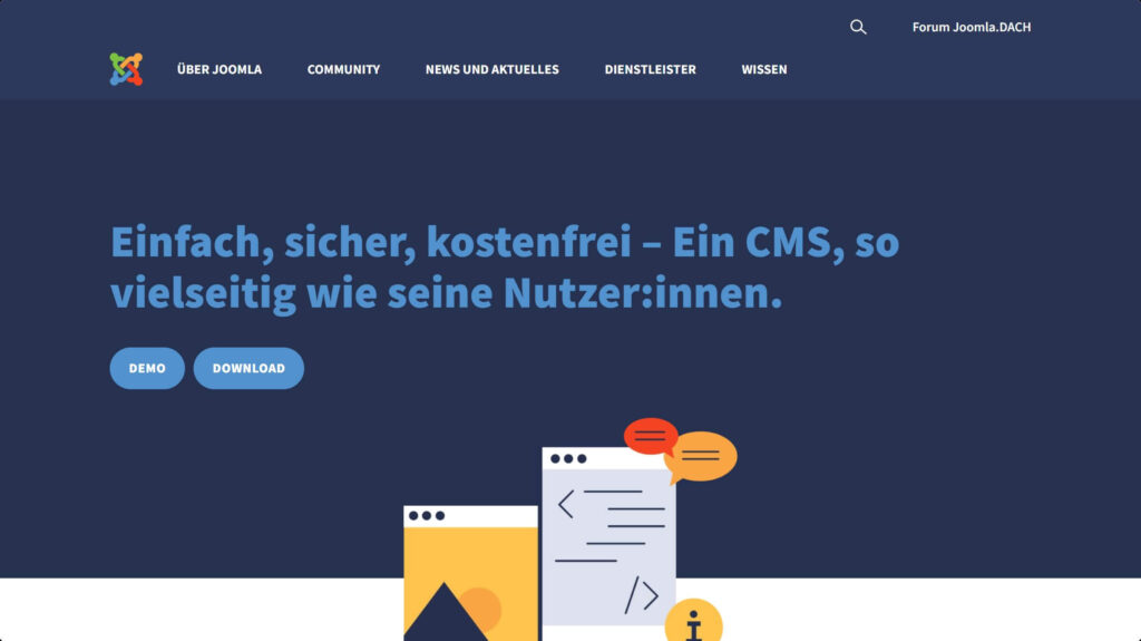 Screenshot der Joomla-Website mit blauem Hintergrund, dem Slogan „Einfach, sicher, kostenfrei – Ein CMS, so vielseitig wie seine Nutzer:innen.“ und zwei stilisierten Icon-Grafiken.