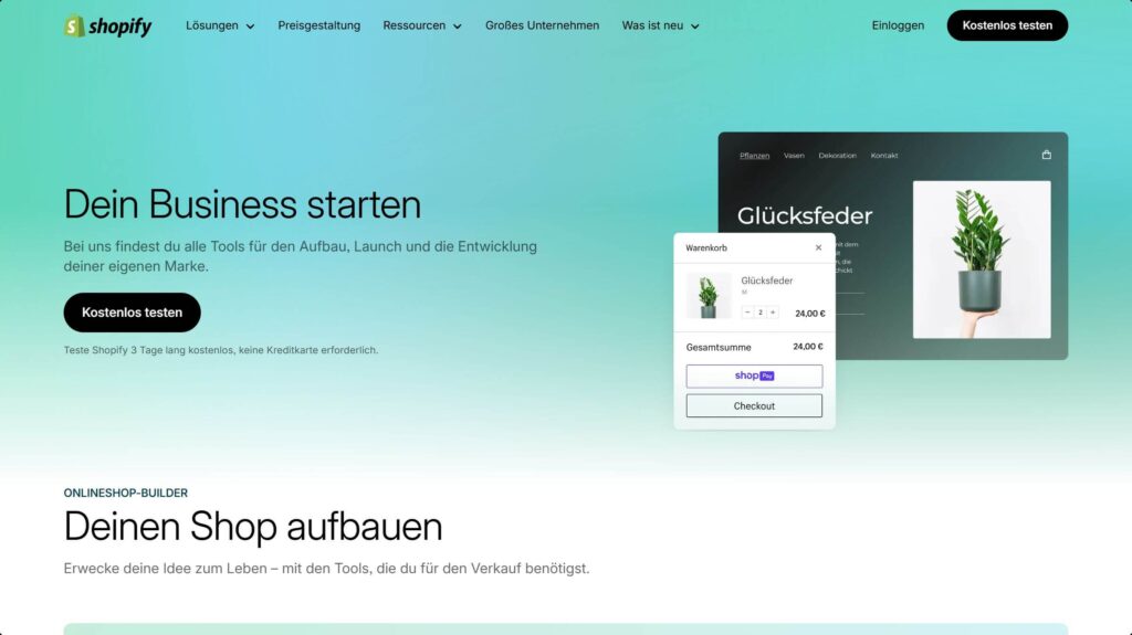 Screenshot der Shopify-Website mit grünem Farbverlauf, dem Text „Dein Business starten“ und einem kleinen Warenkorb-Popup für eine Pflanze.