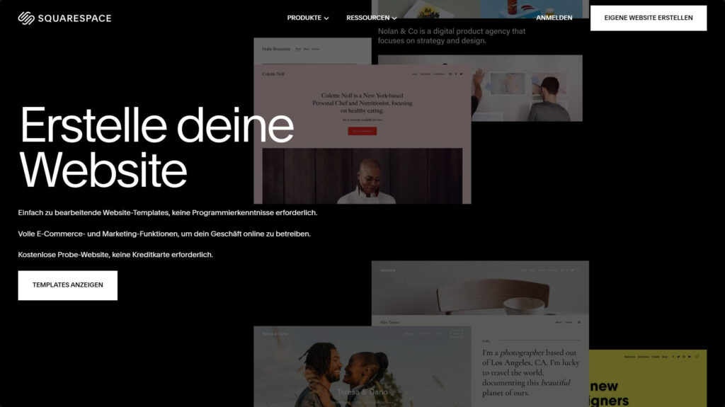 Screenshot der Squarespace-Website vor schwarzem Hintergrund mit dem Text „Erstelle deine Website“ und mehreren Beispiel-Templates im Hintergrund.