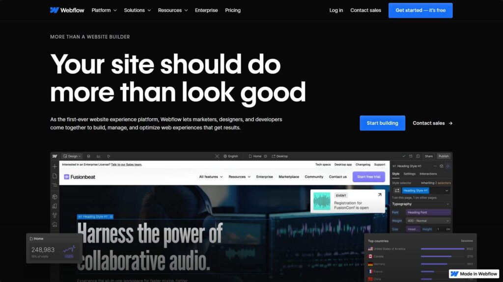 Screenshot der Webflow-Website vor schwarzem Hintergrund mit dem großen Slogan „Your site should do more than look good“ und einer Vorschau des Webflow-Editors.