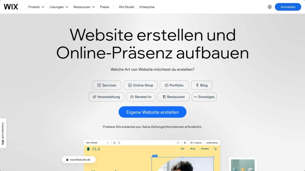 Screenshot der Wix-Website mit hellgrauem Hintergrund, dem Text „Website erstellen und Online-Präsenz aufbauen“ und verschiedenen Kategorien zur Auswahl („Services“, „Online-Shop“, „Portfolio“ usw.).