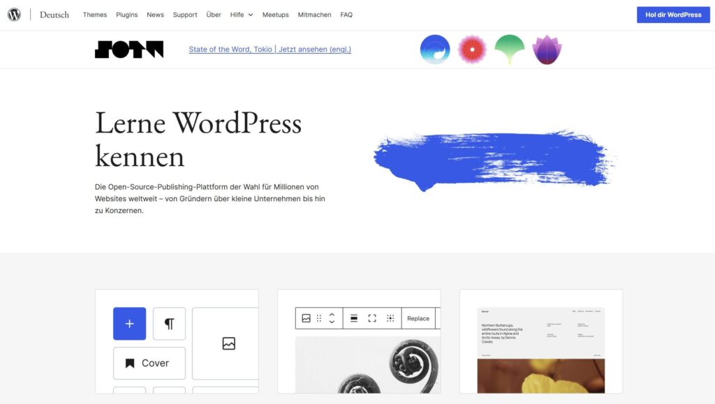 Screenshot der deutschen WordPress-Website mit der Überschrift „Lerne WordPress kennen“, einer blauen Pinsel-Grafik und Vorschau einzelner Editor-Elemente.