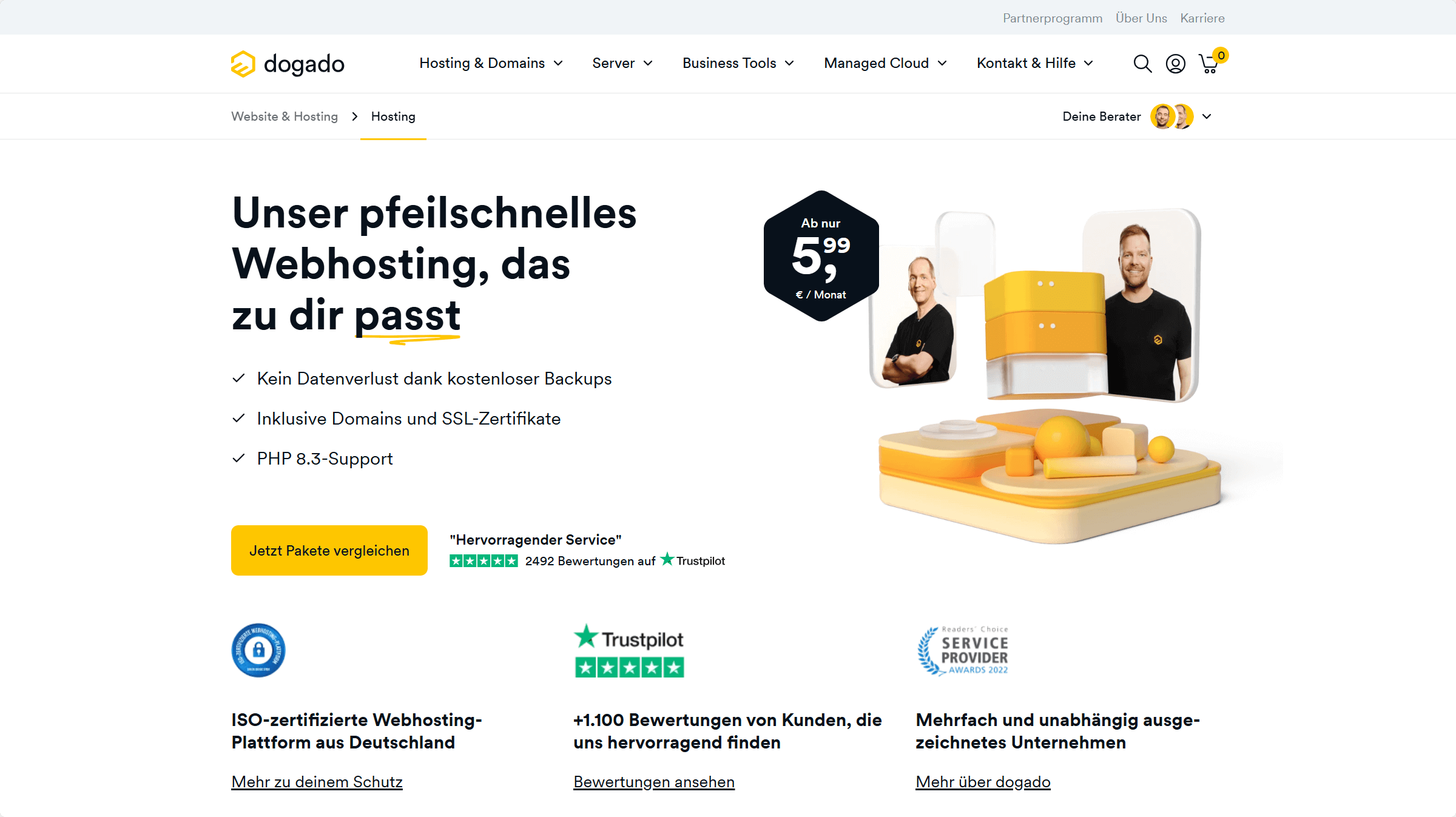 Dogado Webhosting – leistungsstarkes und sicheres Hosting aus Deutschland mit kostenlosem Backup, SSL-Zertifikaten und PHP 8.3-Support.